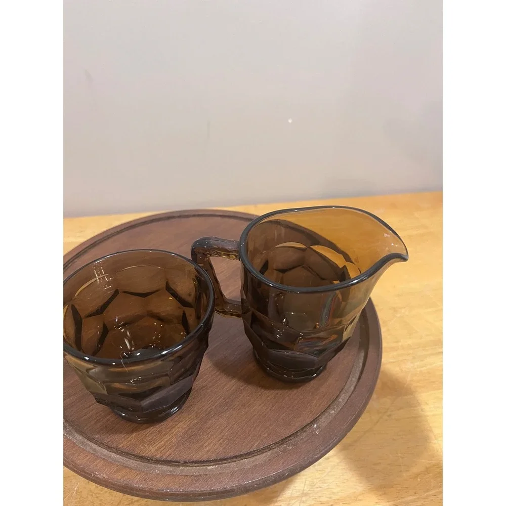 Vtg Viking Smoke Brown Glass Georgian Sugar Bowl Lid Creamer Set MCM Faceted